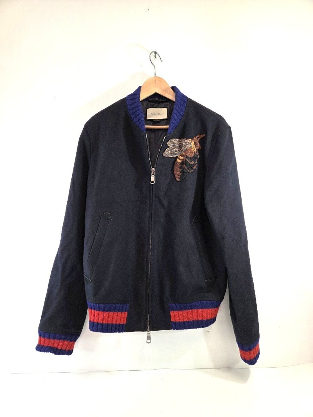 Gucci Navy Blue Embroidered Bee Wool Bomber Jacket Mens Size 50